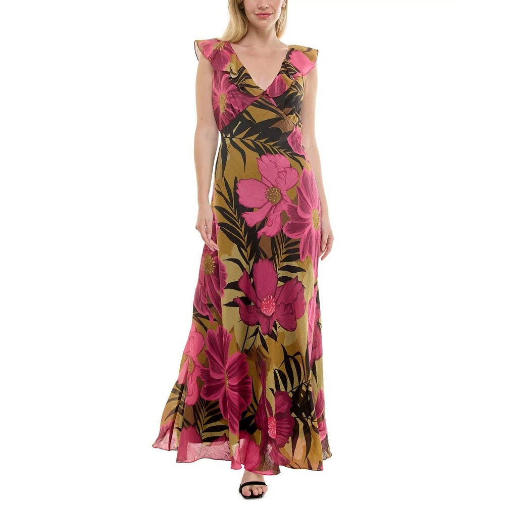 Taylor Women's Ruffled V-Neck Sleeveless A-Line Maxi Dress Taupe Fuchsia Size 2 - Picture 4 of 13